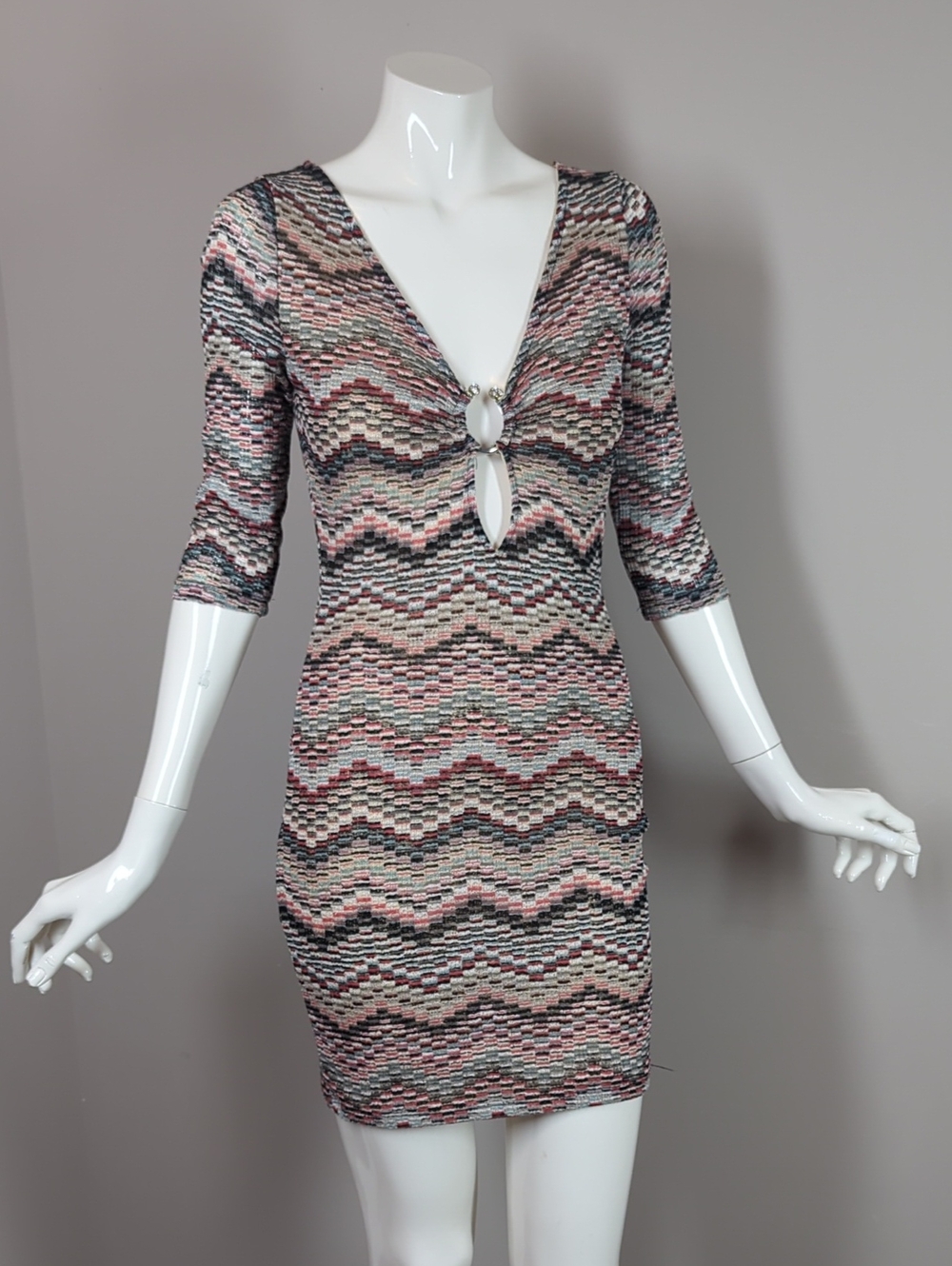 Vintage Limite 90s Multicolor Chevron Mini Dress  Front Ring Bodycon Sexy Small